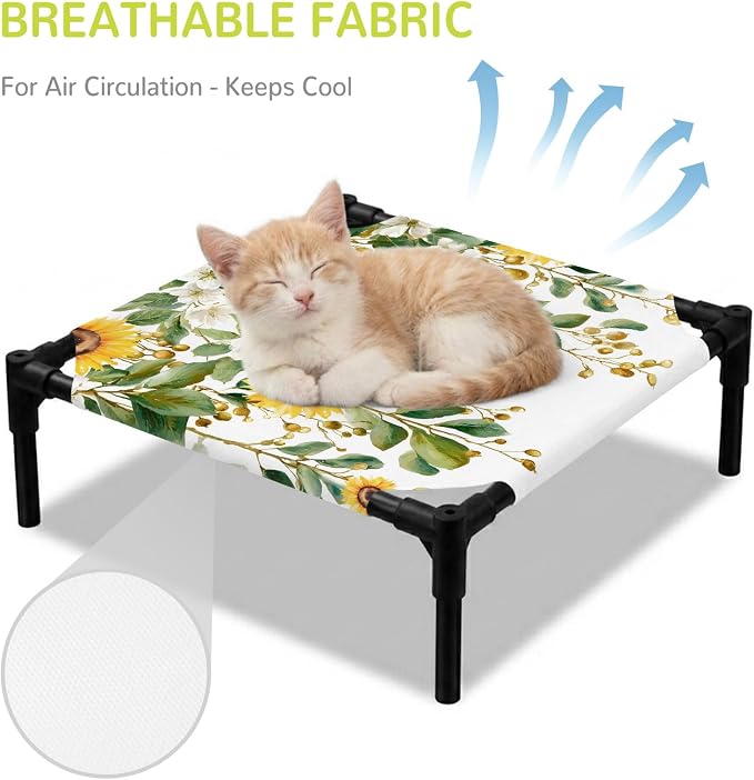 Outdoor Elevated Dog Bed for Small Dogs, Hanging Floral Breathable Cooling Raised Dog Cot for Indoor/Outdoor, Spring Botanical Sunflower Green Leaves Waterproof Elevated Pet Beds, S 20 x 20 in