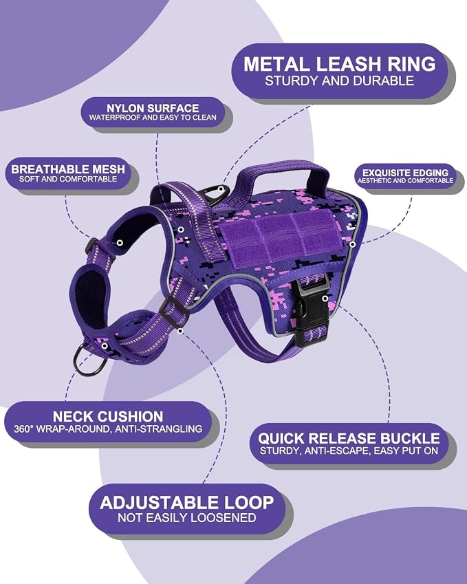 Dog Harness Medium Sized Dog, No Pull Dog Vest with Molle System | Tactical, Easy Control With Handle, Breathable Soft Padded, Adjustable, Reflective, No Choke for Walking, Purple Camo Medium