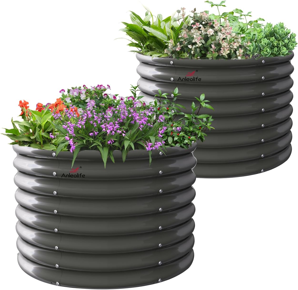 A ANLEOLIFE 2-Pack 3ft x 24” Tall Galvanized Raised Garden Beds Outdoor, Round Metal Planter Box for Planting Vegetables Flowers Herb, Anti-Rust & Easy-Setup, Quartz Grey