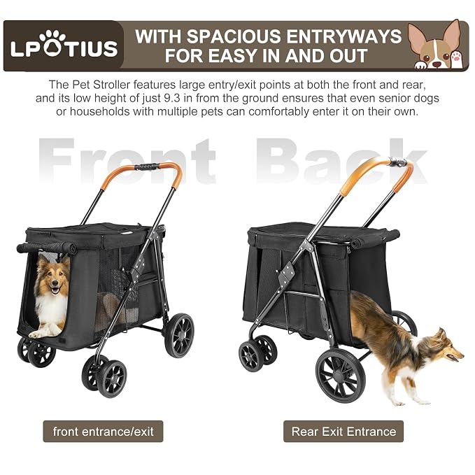 Pet Stroller for Large & Medium Dogs up to 70 lbs, 4-Wheel Extra Large Dog Stroller with 3-Way Entry & Sunshade, Heavy Duty Puppy Wagon with One-Click Folding, All-Terrain & Ventilated, Black
