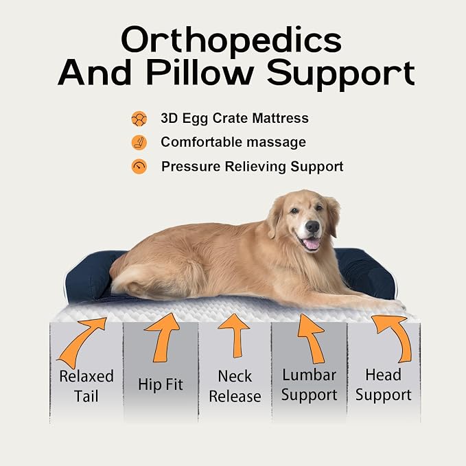 Orthopedic Waterproof Dog Bed with Bolster for Extra Large Size Dogs | Pillow Support for Neck Relief, Egg Crate Foam, Waterproof Liner, Anti-Slip Bottom, Removable Bolster Cover, 48 x 33 Inch