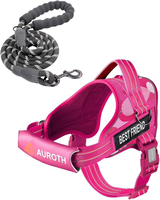 AUROTH Dog Harness and Leash Set for Medium Sized Dog, No Pull Dog Vest | with 5.25FT Dog Leash, Breathable Soft Padded, No choke, Reflective Tactical, Easy to Put on & Take Off - Pink Camo Medium