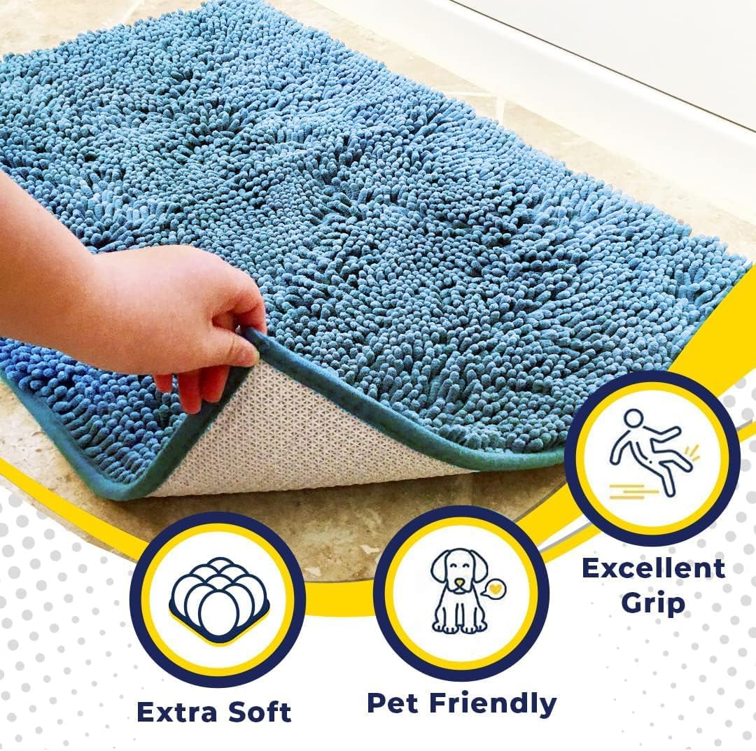 Muddy Mat® AS-SEEN-ON-TV Highly Absorbent Microfiber Door Mat and Pet Rug, Non Slip Thick Washable Area and Bath Mat Soft Chenille for Kitchen Bathroom Bedroom Indoor and Outdoor - Sky Blue 24" x 120"