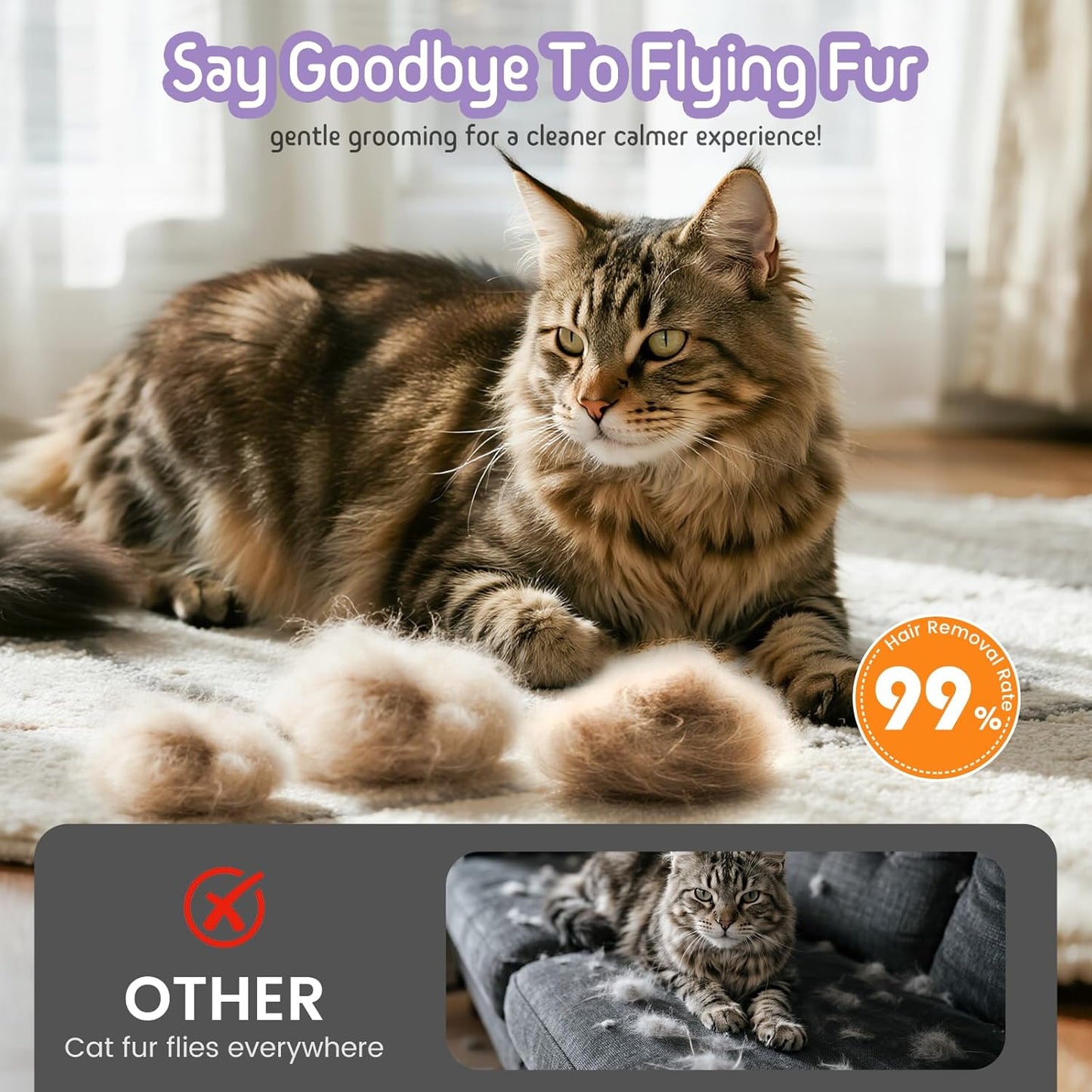 Self Cleaning Slicker Brush, 2-in-1 Cat Brush for Shedding, Skin Friendly Grooming Tool for Long & Medium-Long Hair Pets, Adjustable Bristle Length with Dematting Comb for Cats, Dogs (Purple)