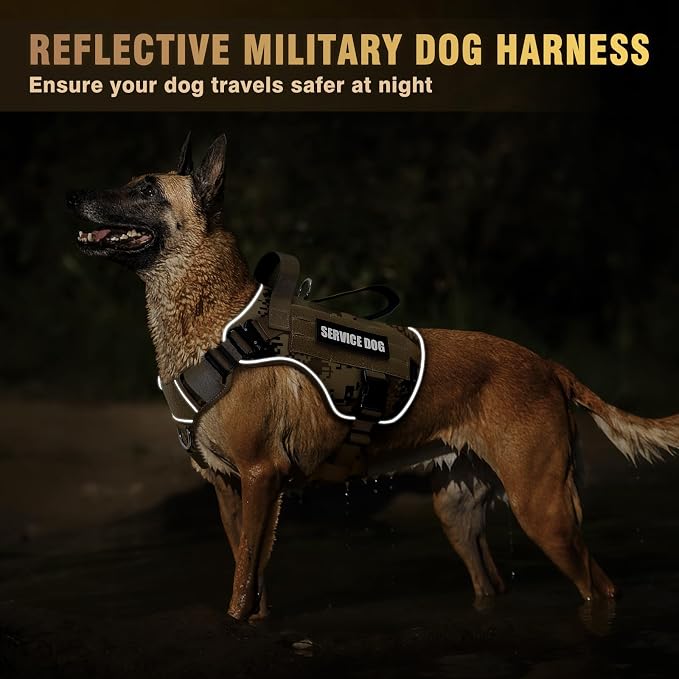 2X Metal Buckle Service Working MOLLE Dog Vest with 10 Pet Patches | Tactical Dog Harness for Large Dog, No-pull Military Working Vest for Training Hunting Walking，2x D Rings for Leash Clip