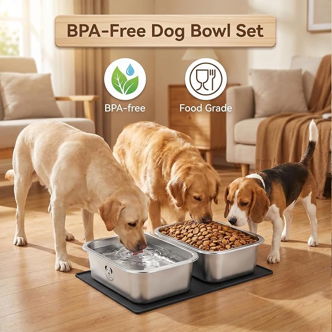 Stainless Steel Dog Bowls for Large Dogs, High Capacity Metal Dog Food Bowls, Food and Water Bowl for Small, Medium and Large Dogs with Non-Slip Mat 0.85 Gallons, 2 Pack