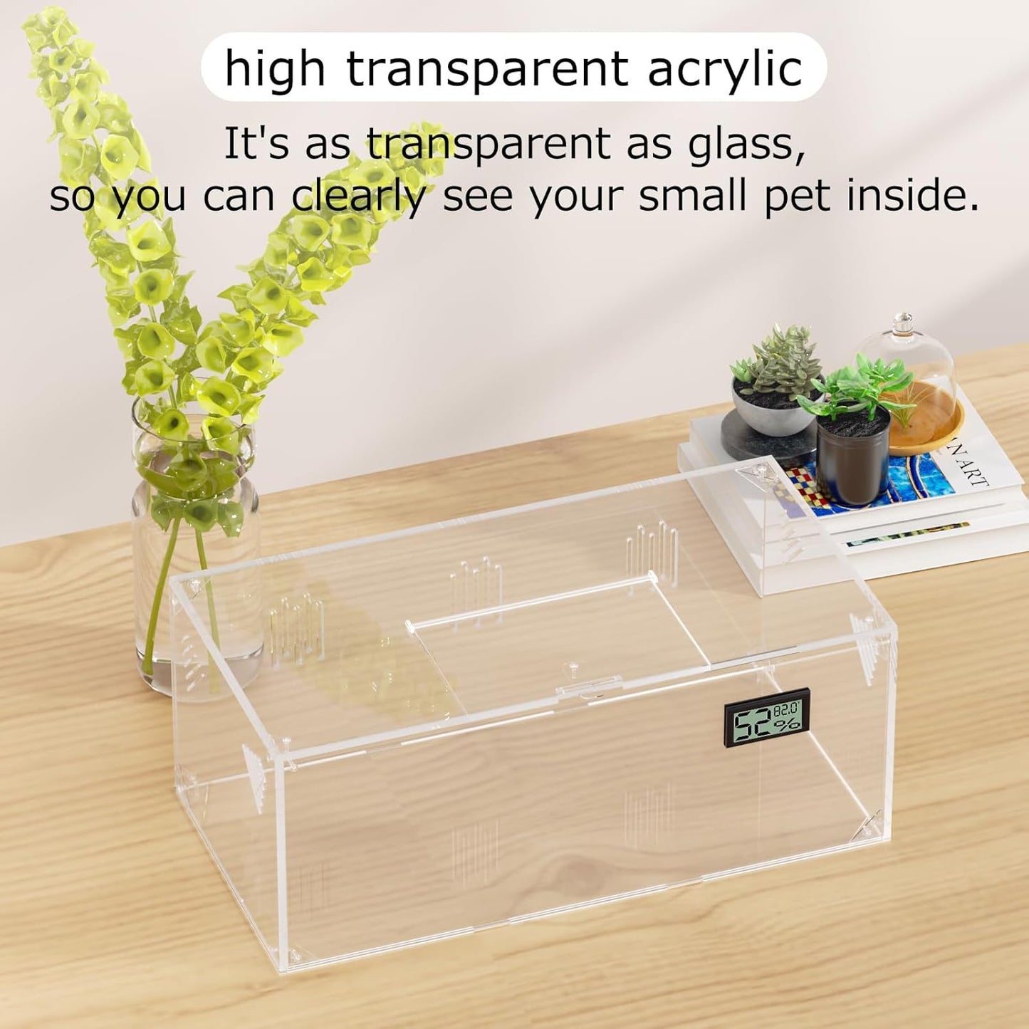 Acrylic Tarantula Enclosure, Reptile Terrarium Breeding Tank w/Temperature Hygrometer,Habitat Reptiles Feeding Box Isopod Terrarium Cage for Insect Lizard Home Office (Reptile-Tank-L(No Tray))
