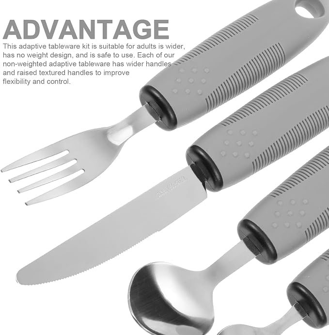 Adaptive Utensils for Elderly Adults Non-Weighted Built-up Handle Tableware Set Includes Fork Spoon Cutter Supports Arthritis Hand Tremors Easy Clean 8.85 Inch