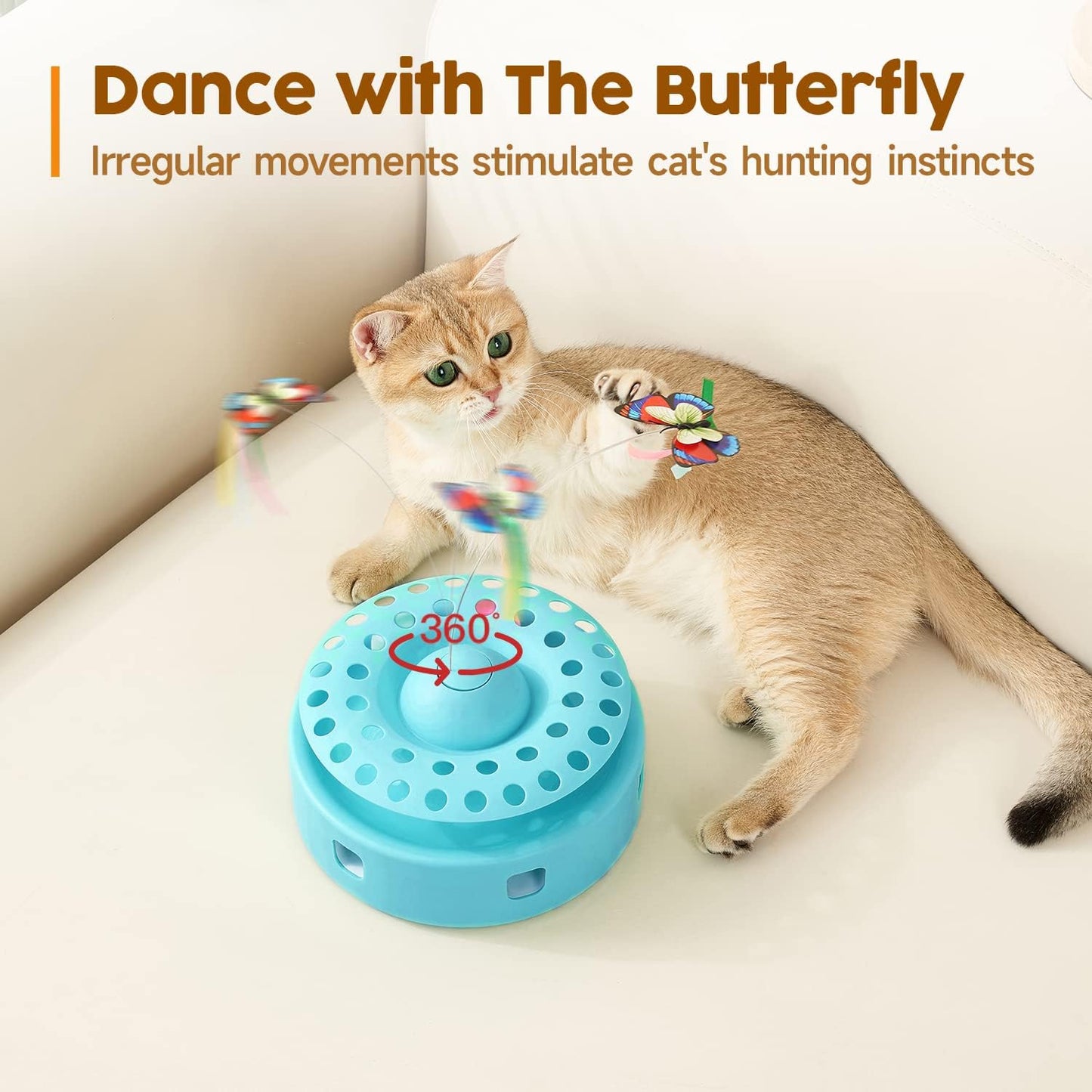 Potaroma Cat Toys 3-in-1 Automatic Interactive Kitten Toy, Fluttering Butterfly, Random Moving Ambush Feather, Track Balls, Dual Power Supplies, USB Powered, Indoor Exercise Cat Kicker (Blue)