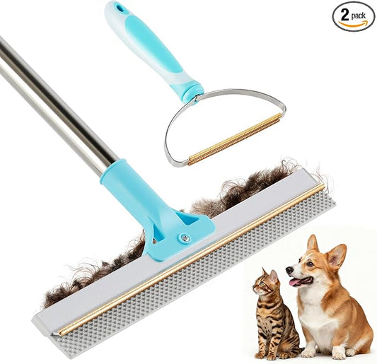 JOYMOOP 2 PCS Carpet Rake for Pet Hair Removal, 63" Adjustable Long Handle and Short Handle Carpet Scraper for Rugs, Sofa,Cloth, Metal & Silicone Dog Hair Carpet Rake