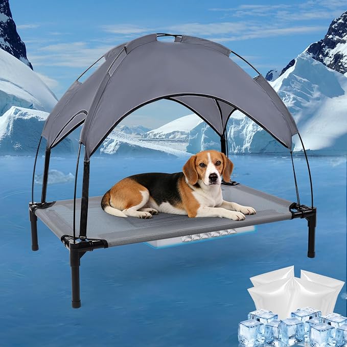 34.3'' Outdoor Elevated Dog Bed with Canopy, Cooling Raised Dogs Bed(Small) | Outdoor Dog Bed with Canopy Medium Large Size Dogs with Ice Pack, Dog Cooling Beds, Outdoor Pet Hammock Beds, Outside Pet Bed