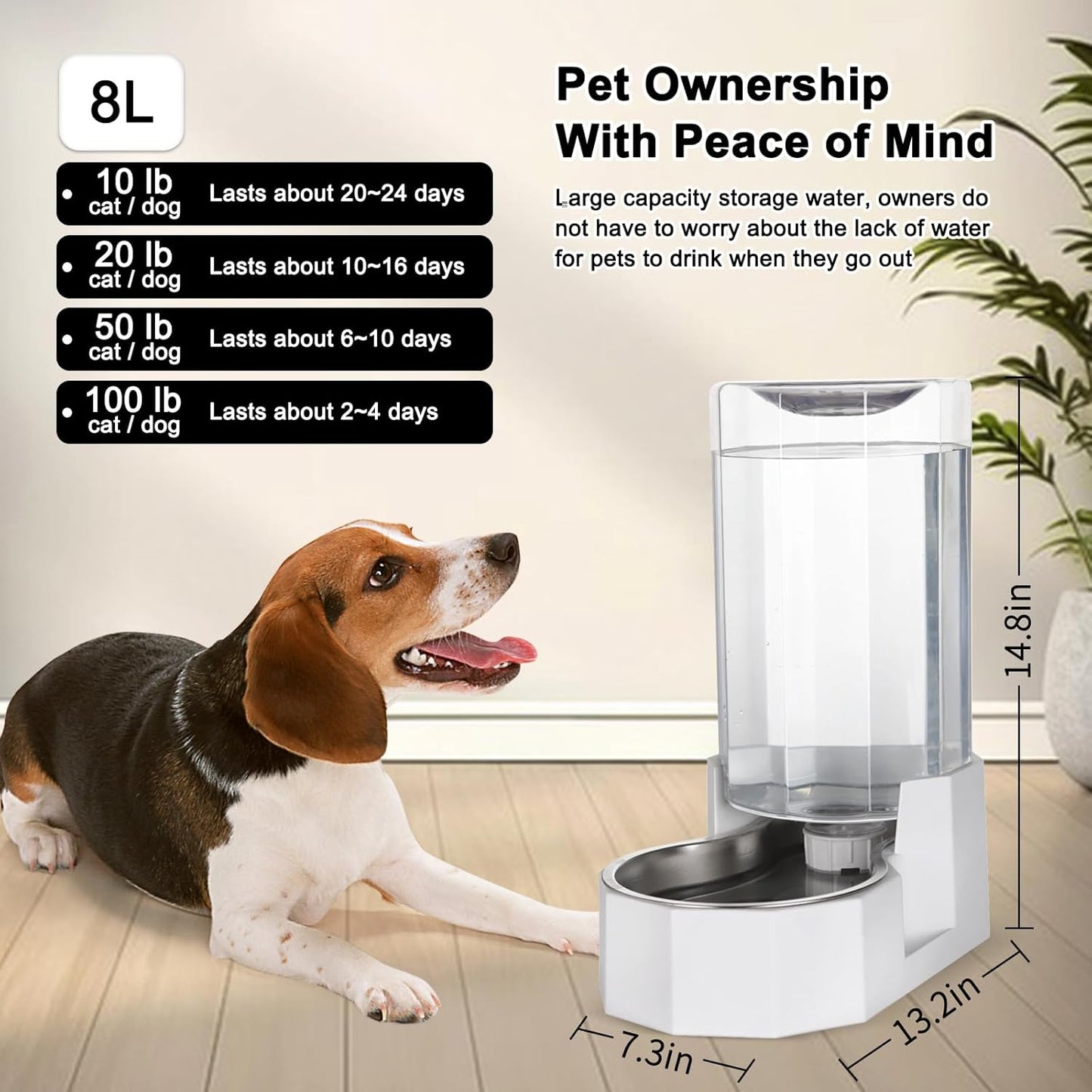 Sfozstra Large Dog Water Dispenser: 8L Automatic White Water Feeder with Stainless Steel Bowl - Without Filter - Gravity Design for Multiple Pets Indoor/Outdoor