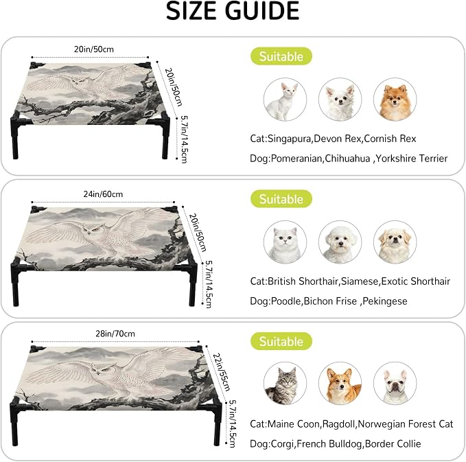 Outdoor Elevated Dog Bed for Small Dogs, Cute Eagle Breathable Cooling Raised Dog Cot for Indoor/Outdoor, Natural Mountain Tree Branches Animals Rustic Waterproof Elevated Pet Beds, S 20 x 20 in