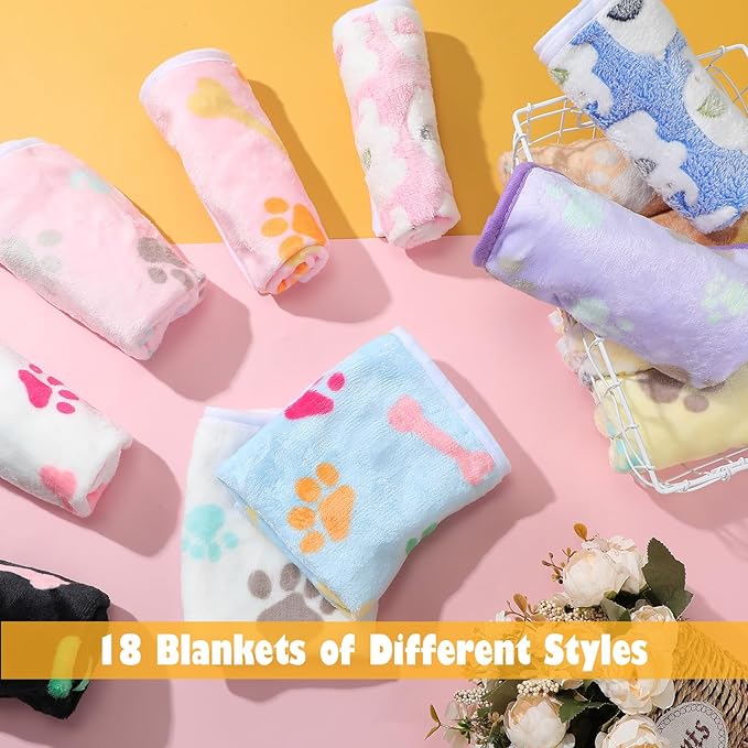 Chumia 18 Pcs Fleece Pet Blanket Soft Warm Sleep Mat Fluffy Cute Puppy Supplies Paw Bone Star Elephant Dot Heart Print Design Bed Blankets for Dog Cat Kitten Animals(30 x 20 Inch,Cute)
