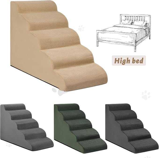 Aodisman Dog Stairs for High Bed,5-Step Pet Ramp for Small Dogs and Cats | 22.2" H Dog Steps for Bed with High-Density Foam, Help Olders,Short-Legged Dogs,Puppy and Cats Get on Beds Easily,Grey,Khaki