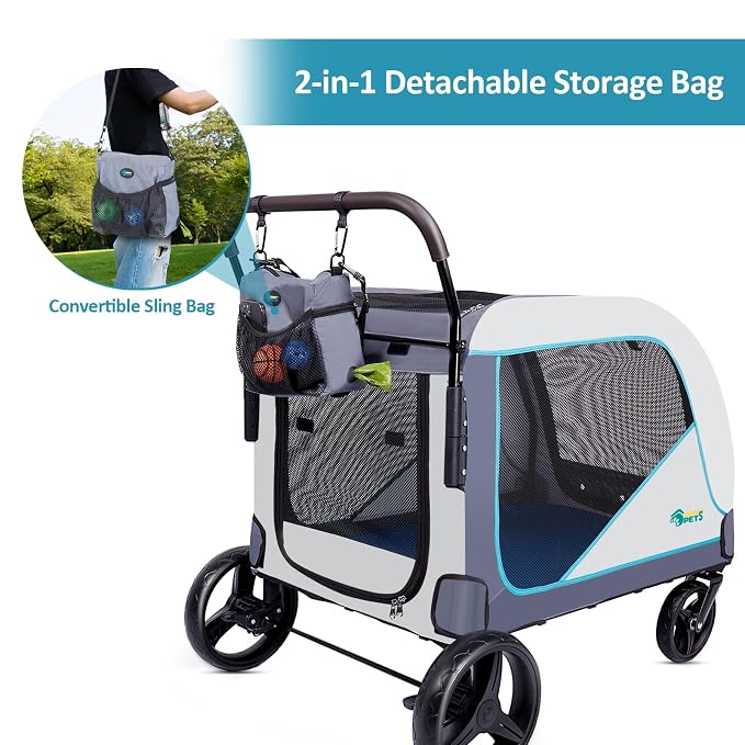 Ownpets Extra Large Dog Stroller for Large Breeds, 154 lbs Capacity, Black | Low 12" entry, one-click fold, all-terrain rubber wheels, spacious 38"x28" cabin, waterproof, safety tether