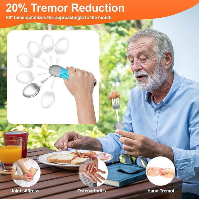 Weighted Utensils for Tremors & Parkinson's, Adaptive Eating Aids (Blue) | Adaptive silverware for shaky hands. Weighted grip design reduces tremors. Bendable neck for custom angle. Dishwasher safe