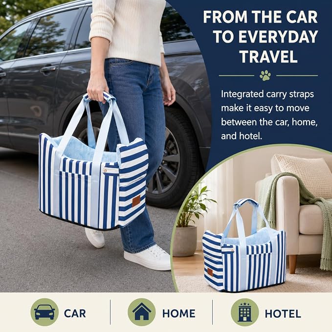 Console Dog Car Seat for Small Dogs to 15lbs (Blue& White Stripes) | Center Console Puppy Booster and Portable Travel Bed, Anti-Collapse Design with Washable Fluffy Cushion