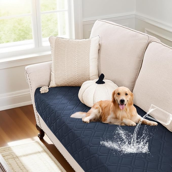 PrinceDeco 100% Waterproof Blanket Dog Bed Cover with Non-Slip Back Pet Blanket for Furniture Bed Couch Sofa (32x62 Inch, Navy)