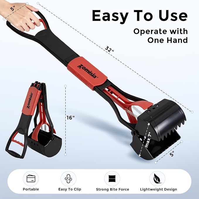ZOMISIA 32" Pooper Scooper with Waste Bags - Poop Scooper for Large Dogs with Long Handle High Strength Material and Durable Spring for Yard, 30 Count Poop Bags