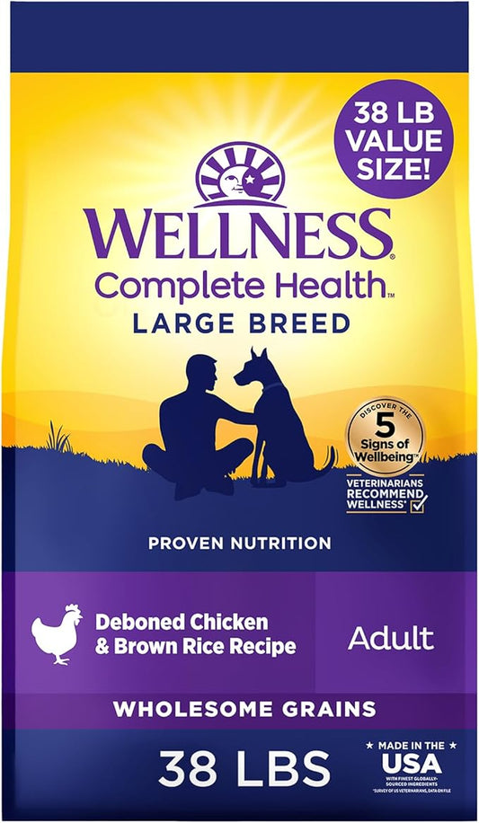 Wellness Complete Health Dry Dog Food, Large Breed, Wholesome Grains, Chicken & Brown Rice Recipe, (38-Pound Bag)