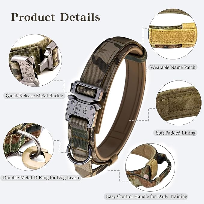 Tactical Dog Collar for Large Dogs with Control Handle,Camo,M | Adjustable Fit,Heavy-Duty Quick-Release Metal Buckle,1000D Nylon Fabric,Soft-Padded Webbing,D-Ring,for Training & Hiking