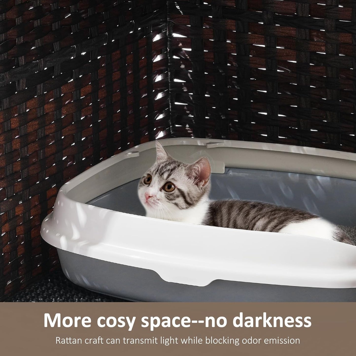 Cat Litter Box Enclosure with Soft Litter Mat; Hidden Cat Washroom Furniture with Door; Handwoven Rattan Cat House; Pet Crate for Living Room, Bedroom, Balcony (Brown)