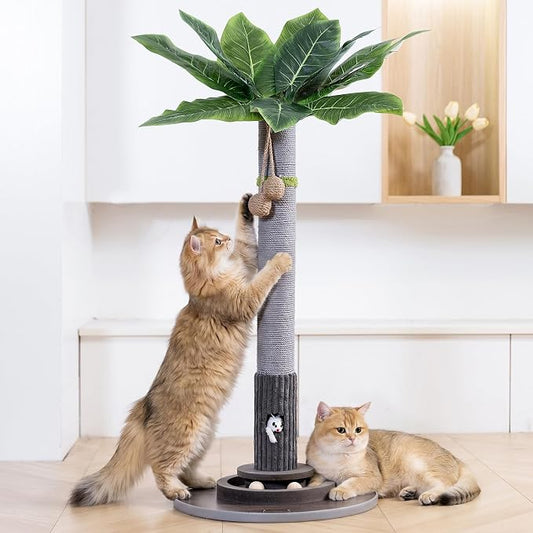 WOOCHPET Cat Scratching Post for Indoor Cats 35" Tall, Sisal Cat Scratcher with Mouse Toy and Track Balls, Wooden Base (Grey)