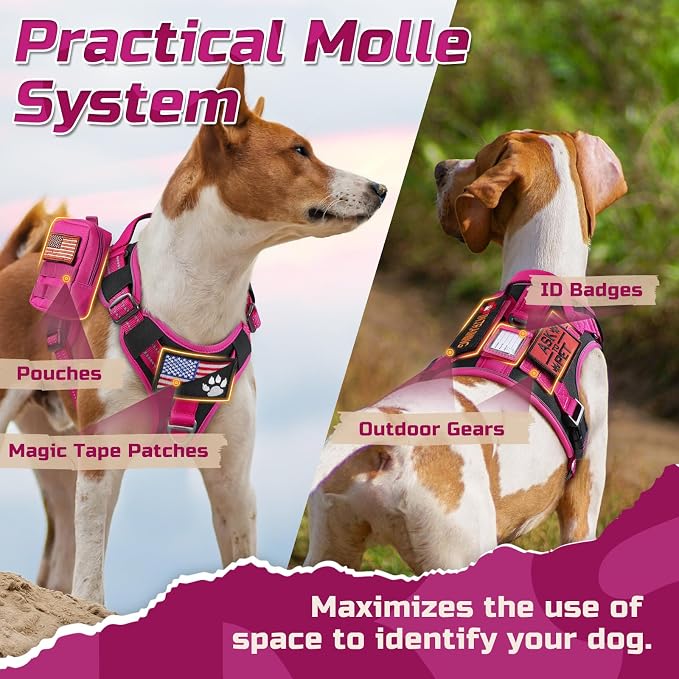 rabbitgoo Tactical Dog Harness for X-Large, No Pull Military Service Vest | Molle & Handle, Heavy Duty, Adjustable, Reflective Straps, Easy Control for Training Walking, Black & Rose Red, X-Large