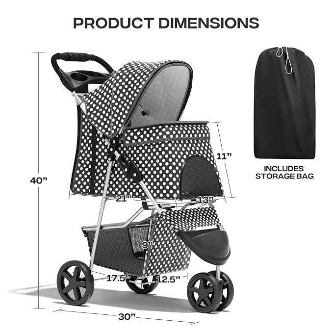Pet Stroller for Small Dogs 10 lbs, Dog Stroller for Medium Dogs 30 lbs, Cat Strollers for 2 Cats, 3 Wheels Foldable Jogger Puppy Stroller with Storage Basket and Cup Holder, Black Polka Dots