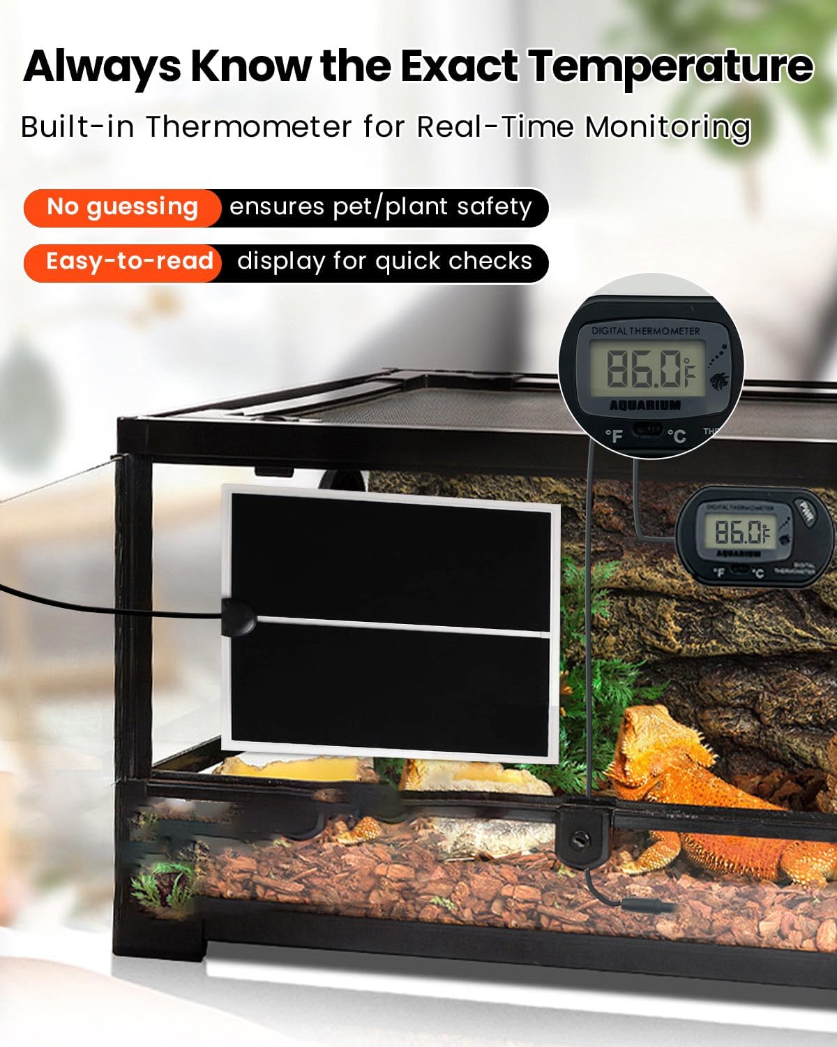 MQ Reptile Terrarium Heat Pad with LCD Digital Aquarium Thermometer, 5.5 x 6in Power Adjustment Under Tank Heater Mat for Pets, Small Animals, Seedling, 5W