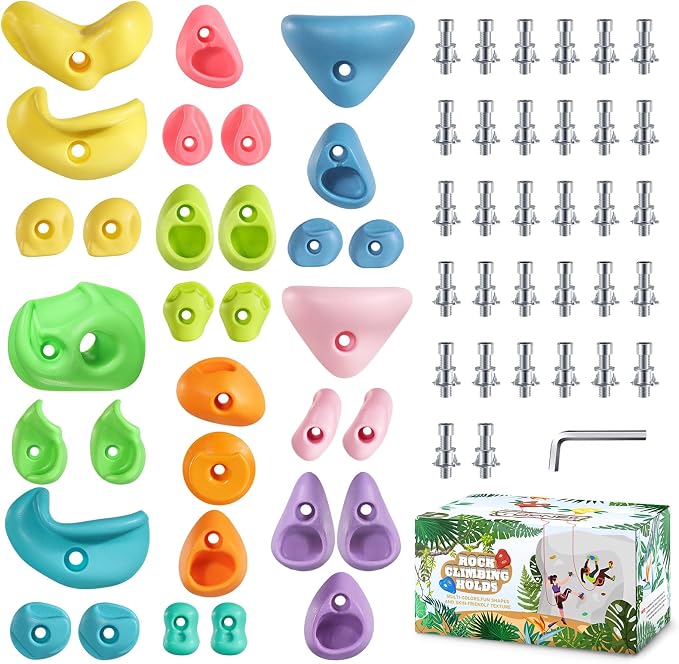 TOPNEW 32Pcs Rock Climbing Holds, Multi Size Climbing Wall Grips for Kids & Adults, Weather Resistant Bouldering Rocks with Hardware, Indoor Outdoor Playground DIY Rock Wall Holds, Ideal