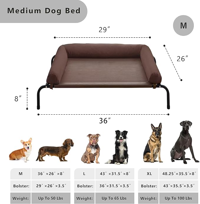 Cooling Elevated Dog Bed - Outdoor Medium Raised Dog Cot W/Breathable Mesh | Portable Pet Cot W/Removable & Waterproof Bolster,Elevated Dogs Beds