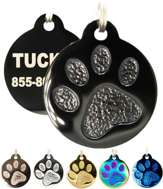 Engraved Pet Tag for Dogs and Cats - Personalized Front & Back up to 4 Lines of Text Custom Engraved ID, Round Paw Print Solid Plating Stainless Steel Black Regular
