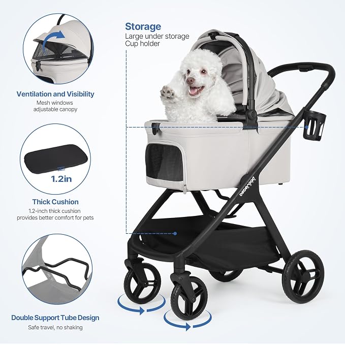 X-5 Pet Stroller for Medium Pets Up to 55 lbs, Gray | Adjustable Handle, Detachable Carrier, Convertible Car Seat, One-Touch Fold, All-Terrain Wheels, 3-in-1 Design