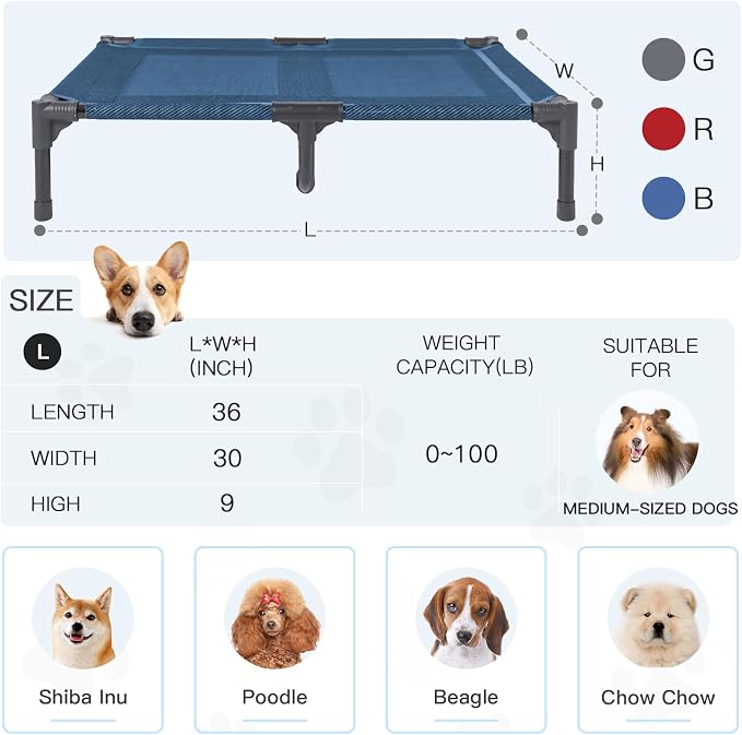 Elevated Dog Bed for Medium Dogs, Dual Support Cooling Cot with Teslin Mesh, Portable Waterproof Pet Bed for Indoor/Outdoor Use, Large, 36x30x7 Inch, Blue