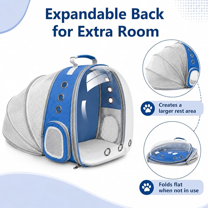 Expandable Cat Carrier Backpack for Cats & Dogs, Bubble Window Pet Travel Backpack with Breathable Mesh, Anti-Collapse Structure, Side Door, Safety Leash, for Vet Visits, Hiking, Outdoor, Blue