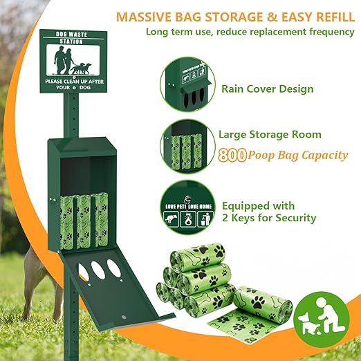 Dog Waste Station - Large 11.5 Gallon Dog Poop Station with Poop Bags, Liner Bags, Lockable Dispenser & Keys – Heavy-Duty Outdoor Pet Waste Station for Commercial Use, Parks, Backyard