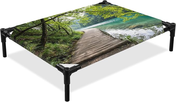 Outdoor Elevated Dog Bed for Large Dogs, Nature Scenery Breathable Cooling Raised Dog Cot for Indoor/Outdoor, Forest Walkway Lake Trees Spring View Waterproof Elevated Pet Beds, L 28 x 22 in