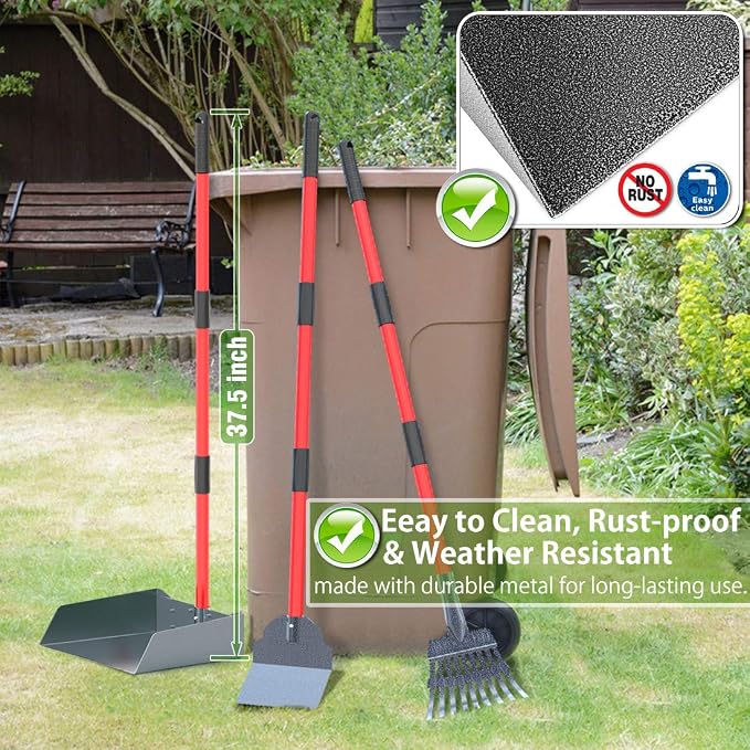 Heavy Duty Metal Pooper Scooper for Large Dogs,Long Handle Dog Pooper Scooper with Large 9.5'' Tray & Rake,Rustproof Aluminum Pet Waste Scooper for Grass,Gravel & Yard