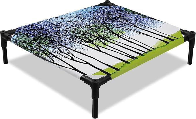 Outdoor Elevated Dog Bed for Small Dogs, Blue Green Forest Breathable Cooling Raised Dog Cot for Indoor/Outdoor, Modern Nature Tree Branch Landscape Waterproof Elevated Pet Beds, S 20 x 20 in