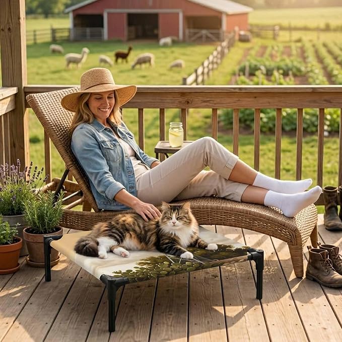 Outdoor Elevated Dog Bed for Small Dogs, Windmill Breathable Cooling Raised Dog Cot for Indoor/Outdoor, Sunset Horizon Farmhouse Trees Waterproof Elevated Pet Beds, S 20 x 20 in