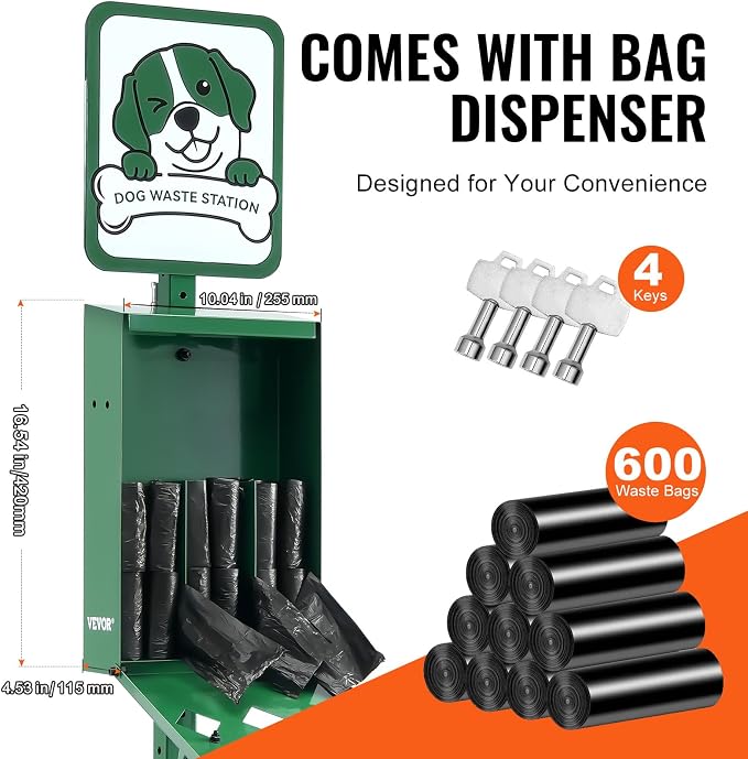 VEVOR Dog Waste Station, 11.5 Gallon Pet Waste Station with Lockable Bag Dispenser, 50 Can Liners & 600 Waste Bags, Outdoor Pet Poop Station for Apartments, Parks, Backyard, Dog Waste Disposal System