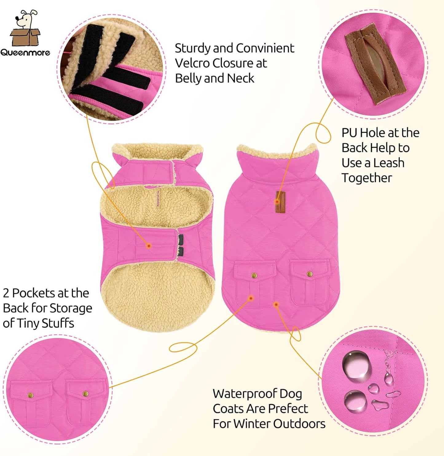 Queenmore Dog Winter Coat - Fleece Jacket, Waterproof Cold Weather Clothes, Thick Warm Cotton Padding, Easy On Storage Pockets (Pink, Large)