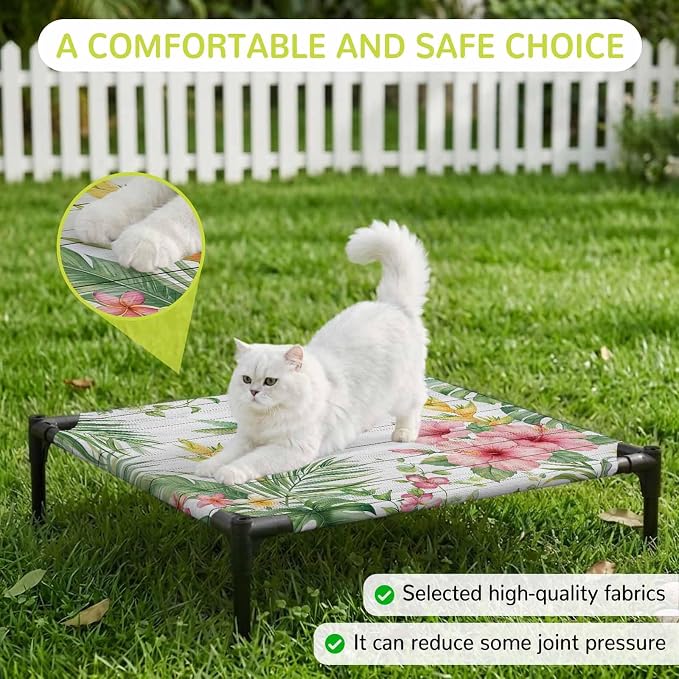 Outdoor Elevated Dog Bed for Small Dogs, Summer Hummingbirds Breathable Cooling Raised Dog Cot for Indoor/Outdoor, Farmhouse Floral Palm Leaves Wooden Waterproof Elevated Pet Beds, S 20 x 20 in