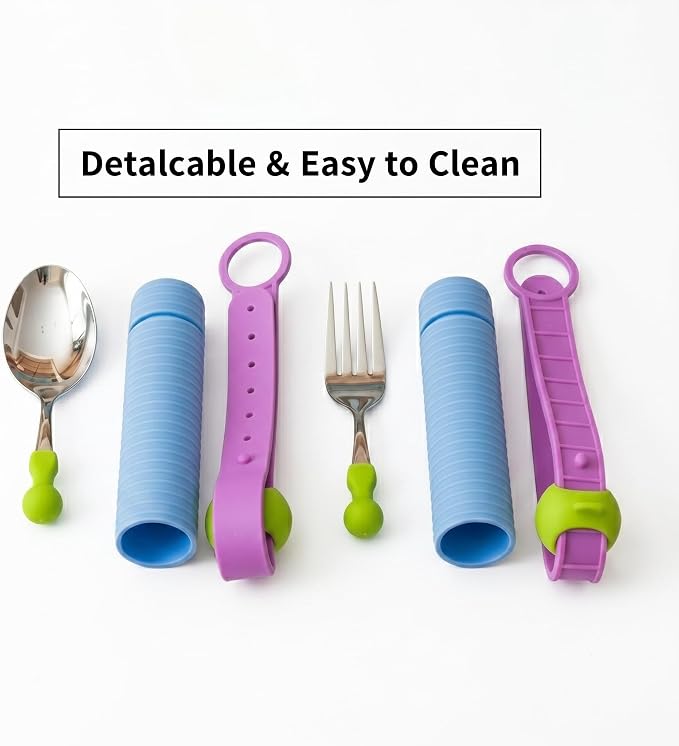 Weighted Adaptive Utensils for Enhanced Stability - Bendable, Non-Slip Utensil Set with Adjustable Wrist Strap & Customizable Weight - Assistive Eating Tools for Daily Independence (Blue)