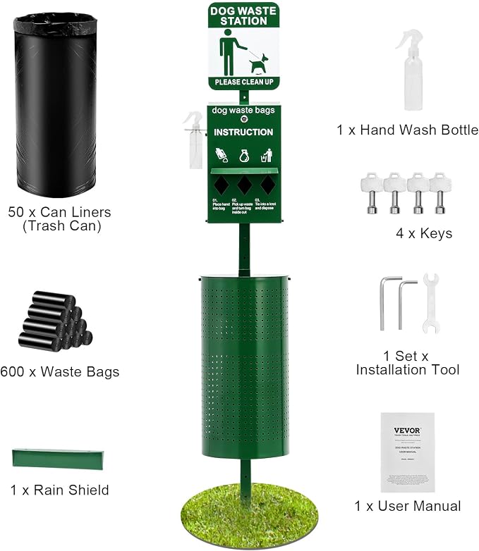 VEVOR Dog Waste Station, 11.5 Gallon Pet Waste Station with Hand Wash Bottle, Lockable Bag Dispenser, 50 Can Liners & 600 Waste Bags, Outdoor Pet Poop Station for Commercial Use, Parks, Backyard