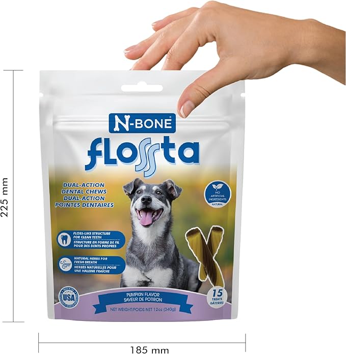 N-Bone Flossta Dual Action Dental Chews for Dogs, Unique Twist Shape for Deep Teeth Cleaning and Proactive Dental Care, Pumpkin Flavor, 8 Count 6.4-oz Bag