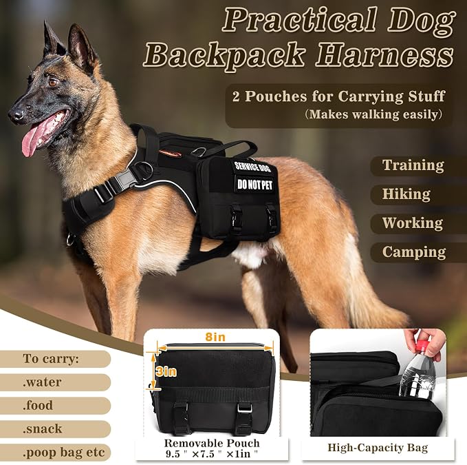 Service Dog Vest with Removable Backpack for Large Dogs Black L | No Pull Adjustable Dog Harness with Pockets,Soft Padded Handles&Molle for Patches,Heavy Duty for Training Hiking Hunting