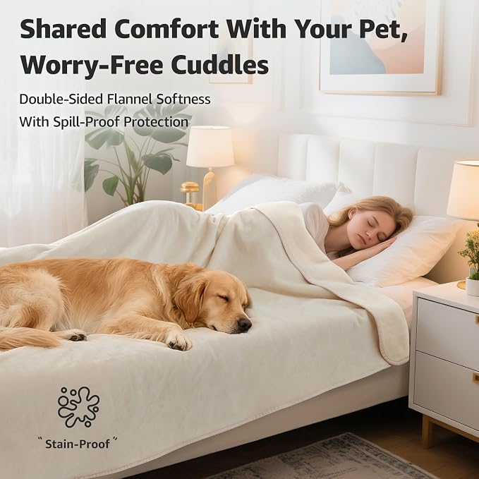LOOBANI Waterproof Blanket for Bed, Soft Flannel Twin Bed Blanket 60" x 80" | Pet Blankets for Large Dogs, Reversible Spill-Proof, Ideal for Couch Cover, Movie Time, Camping, Travel, Noise Free, Beige
